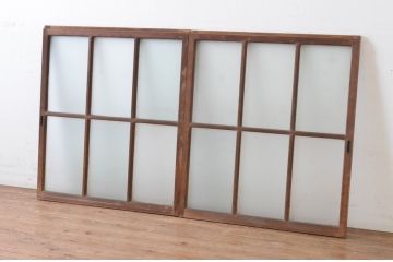 アンティーク建具　上手物!　古い木味の面取り桟ガラス窓2枚セット(ガラス戸、引き戸)(R-065267)