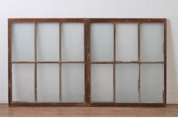 アンティーク建具　上手物!　古い木味の面取り桟ガラス窓2枚セット(ガラス戸、引き戸)(R-065267)