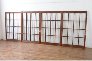 アンティーク建具　上手物!　古い木味の升目格子のガラス窓4枚セット(マス目、ガラス戸、引き戸)(R-065268)