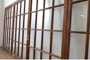アンティーク建具　上手物!　古い木味の升目格子のガラス窓4枚セット(マス目、ガラス戸、引き戸)(R-065268)