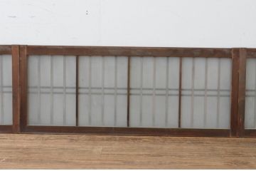 アンティーク建具　古い木味の格子入り横長ガラス窓4枚セット(ガラス戸、引き戸、明かり取り、明り取り、欄間)(R-065285)