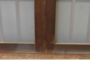アンティーク建具　古い木味の格子入り横長ガラス窓2枚セット(ガラス戸、引き戸、明かり取り、明り取り、欄間)(R-065286)