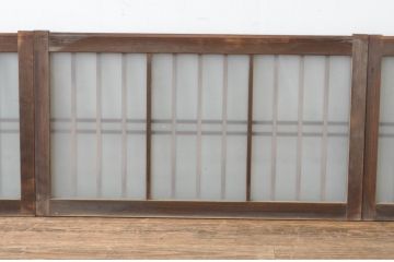 アンティーク建具　古い木味の格子入り横長ガラス窓4枚セット(ガラス戸、引き戸、明かり取り、明り取り、欄間)(R-065289)