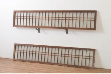 アンティーク建具　和の雰囲気溢れるガラス入り格子欄間2枚セット(明り取り、明かり取り)(R-065294)