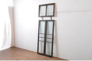 アンティーク建具　大正ロマンの古い洋館で使われていたグレモン錠付き両開き窓と明かり取りのセット(突き出し窓、ガラス扉、明かり取り、明り取り)(R-065360)