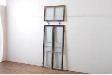 アンティーク建具　大正ロマンの古い洋館で使われていたグレモン錠付き両開き窓と明かり取りのセット(突き出し窓、ガラス扉、明かり取り、明り取り)(R-065360)