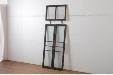 アンティーク建具　大正ロマン　古い洋館で使われていたグレモン錠付き両開き窓と明かり取りのセット(突き出し窓、ガラス扉、明り取り)(R-065362)