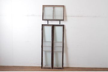 アンティーク建具　大正ロマン　古い洋館で使われていたグレモン錠付き両開き窓と明かり取りのセット(突き出し窓、ガラス扉、明り取り)(R-065362)