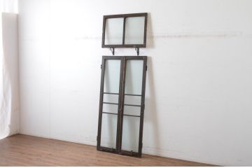 アンティーク建具　大正ロマン　古い洋館で使われていたグレモン錠付き両開き窓と明かり取りのセット(突き出し窓、ガラス扉、明り取り)(R-065363)