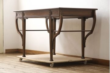 中古　美品　イタリア高級家具　メデア(Medea)　アールヌーボー　クラシカルな佇まいが魅力的なレザートップデスク(アールヌーヴォー、ワークデスク、机、テーブル、作業台、在宅用、在宅ワーク用)(R-065398)