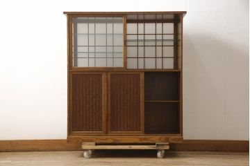 中古　美品　最高級品　江戸指物　桑網代　漆塗り　桑材・タモ材・桐材が使われた美しい杢目が魅力の茶棚(茶箪笥、飾り棚、収納棚)(定価推定約150万円)(R-065402)