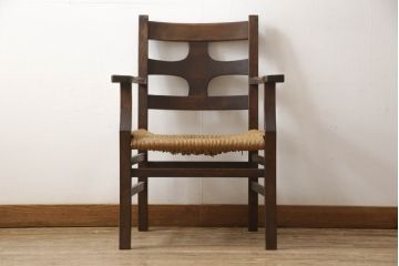 和製ビンテージ　松本民芸家具　背もたれのデザインが目を惹くSP型十字アームチェア(ラッシチェア、ダイニングチェア、椅子、イス、ヴィンテージ)(R-065421)