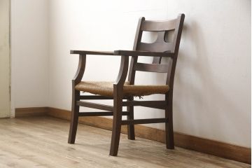 和製ビンテージ　松本民芸家具　背もたれのデザインが目を惹くSP型十字アームチェア(ラッシチェア、ダイニングチェア、椅子、イス、ヴィンテージ)(R-065421)
