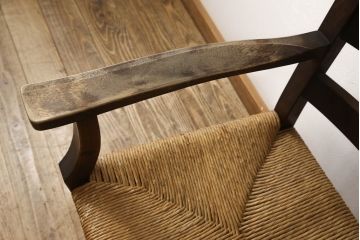 和製ビンテージ　松本民芸家具　背もたれのデザインが目を惹くSP型十字アームチェア(ラッシチェア、ダイニングチェア、椅子、イス、ヴィンテージ)(R-065421)