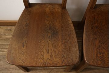 和製ビンテージ　高級品!!　職人手造り品　凝った造りのデザインが魅力!!上質なタモ材製ダイニングチェア2脚セット(椅子、イス、板座チェア、ヴィンテージ)(R-065431)