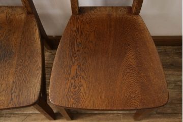 和製ビンテージ　高級品!!　職人手造り品　凝った造りのデザインが魅力!!上質なタモ材製ダイニングチェア2脚セット(椅子、イス、板座チェア、ヴィンテージ)(R-065431)