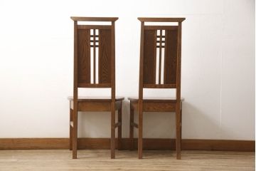 和製ビンテージ　高級品!!　職人手造り品　凝った造りのデザインが魅力!!上質なタモ材製ダイニングチェア2脚セット(椅子、イス、板座チェア、ヴィンテージ)(R-065431)