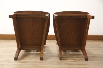 和製ビンテージ　高級品!!　職人手造り品　凝った造りのデザインが魅力!!上質なタモ材製ダイニングチェア2脚セット(椅子、イス、板座チェア、ヴィンテージ)(R-065431)