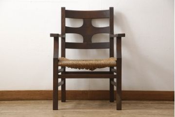 和製ビンテージ　松本民芸家具　背もたれのデザインが目を引くSP型十字アームチェア(ラッシチェア、ダイニングチェア、椅子、イス、ヴィンテージ)(R-065443)