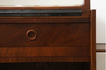 中古　美品　国産家具　職人手造り　欅(ケヤキ)杢　コンパクトなサイズが使いやすい函鏡台(ドレッサー、ミラー、小引き出し、卓上収納)(R-065462)