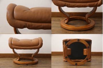 中古　EKORNES(エコーネス)　ロイヤルシリーズ　本革(レザー)　極上のくつろぎの時間を演出するストレスレスチェア+オットマンのセット(クラシックベース、アームチェア、リクライニングチェア、椅子、イス、1人掛けソファ、1Pソファ、フットスツール、北欧)(定価約46万円)(R-065468)