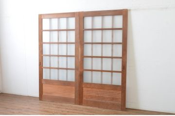 アンティーク建具　レトロなお部屋作りにおすすめなガラス戸2枚セット(きつね格子、狐格子、引き戸、格子戸、マス目、升目)(R-065478)