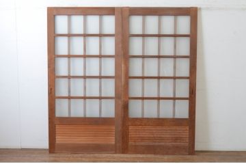 アンティーク建具　レトロなお部屋作りにおすすめなガラス戸2枚セット(きつね格子、狐格子、引き戸、格子戸、マス目、升目)(R-065478)