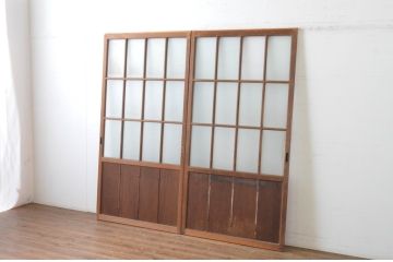 アンティーク建具　両面面取りの上質なガラス戸2枚セット(引き戸、格子戸、マス目)(R-065481)