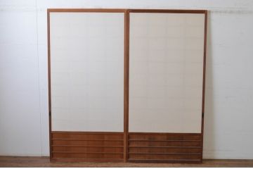 アンティーク建具　　腰板柾目に横桟の入った障子戸2枚セット(引き戸)(R-065484)