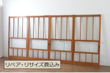 アンティーク建具　レトロデザインのダイヤガラス入りガラス戸4枚セット(引き戸)(R-065495)