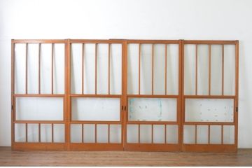 アンティーク建具　レトロデザインのダイヤガラス入りガラス戸4枚セット(引き戸)(R-065495)