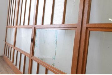 アンティーク建具　レトロデザインのダイヤガラス入りガラス戸4枚セット(引き戸)(R-065495)