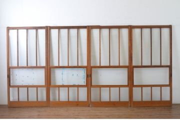 アンティーク建具　レトロデザインのダイヤガラス入りガラス戸4枚セット(引き戸)(R-065495)