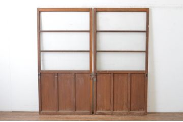 アンティーク建具　レトロなプレスガラスの入った横桟ガラス戸2枚セット(引き戸)(R-065507)