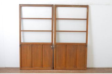 アンティーク建具　レトロなプレスガラスの入った横桟ガラス戸2枚セット(引き戸)(R-065507)