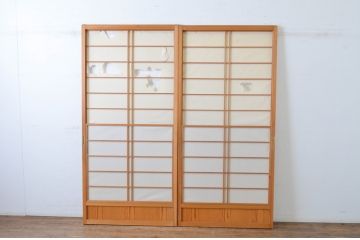 ビンテージ建具　上げ下げできる障子付き　和テイストのお部屋作りにお勧めな格子戸2枚セット(ヴィンテージ、引き戸、障子戸)(R-065513)