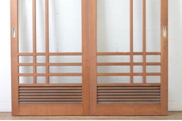 ビンテージ建具　チェッカーガラスの背の高いガラス戸2枚セット(引き戸、ヴィンテージ)(R-065517)