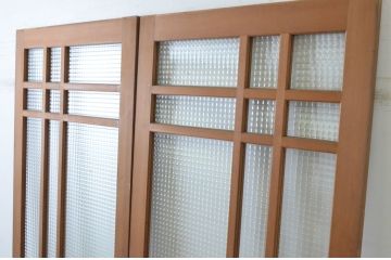 ビンテージ建具　チェッカーガラスの背の高いガラス戸2枚セット(引き戸、ヴィンテージ)(R-065517)