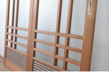 ビンテージ建具　チェッカーガラスの背の高いガラス戸2枚セット(引き戸、ヴィンテージ)(R-065517)