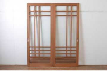 ビンテージ建具　チェッカーガラスの背の高いガラス戸2枚セット(引き戸、ヴィンテージ)(R-065517)