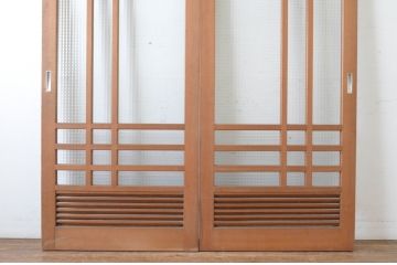 ビンテージ建具　チェッカーガラスの背の高いガラス戸2枚セット(引き戸、ヴィンテージ)(R-065517)
