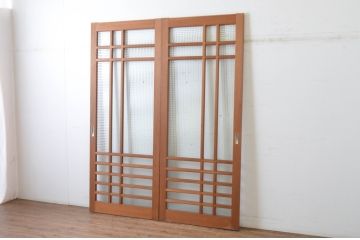 ビンテージ建具　チェッカーガラスの背の高いガラス戸2枚セット(引き戸、ヴィンテージ)(R-065518)