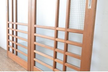 ビンテージ建具　チェッカーガラスの背の高いガラス戸2枚セット(引き戸、ヴィンテージ)(R-065518)