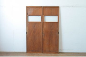 アンティーク建具　昭和初期　レトロな雰囲気漂う銀モールガラス窓の幅狭板戸2枚セット(引き戸、ガラス戸)(R-065520)