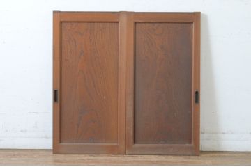 アンティーク建具　総欅(ケヤキ)材　1枚板のシンプルな引き戸2枚セット(板戸、窓)(R-065529)