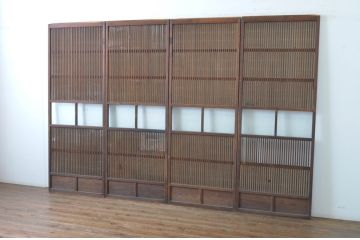 アンティーク建具　腰板欅(ケヤキ)材　風情のある佇まいが魅力的な裏障子付き幅狭格子戸4枚セット(引き戸、障子戸、ガラス帯戸)(R-065548)