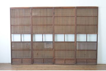 アンティーク建具　腰板欅(ケヤキ)材　風情のある佇まいが魅力的な裏障子付き幅狭格子戸4枚セット(引き戸、障子戸、ガラス帯戸)(R-065548)