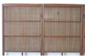 アンティーク建具　腰板欅(ケヤキ)材　風情のある佇まいが魅力的な裏障子付き幅狭格子戸4枚セット(引き戸、障子戸、ガラス帯戸)(R-065548)