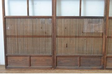 アンティーク建具　腰板欅(ケヤキ)材　風情のある佇まいが魅力的な裏障子付き幅狭格子戸4枚セット(引き戸、障子戸、ガラス帯戸)(R-065548)