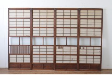 アンティーク建具　腰板欅(ケヤキ)材　風情のある佇まいが魅力的な裏障子付き幅狭格子戸4枚セット(引き戸、障子戸、ガラス帯戸)(R-065548)